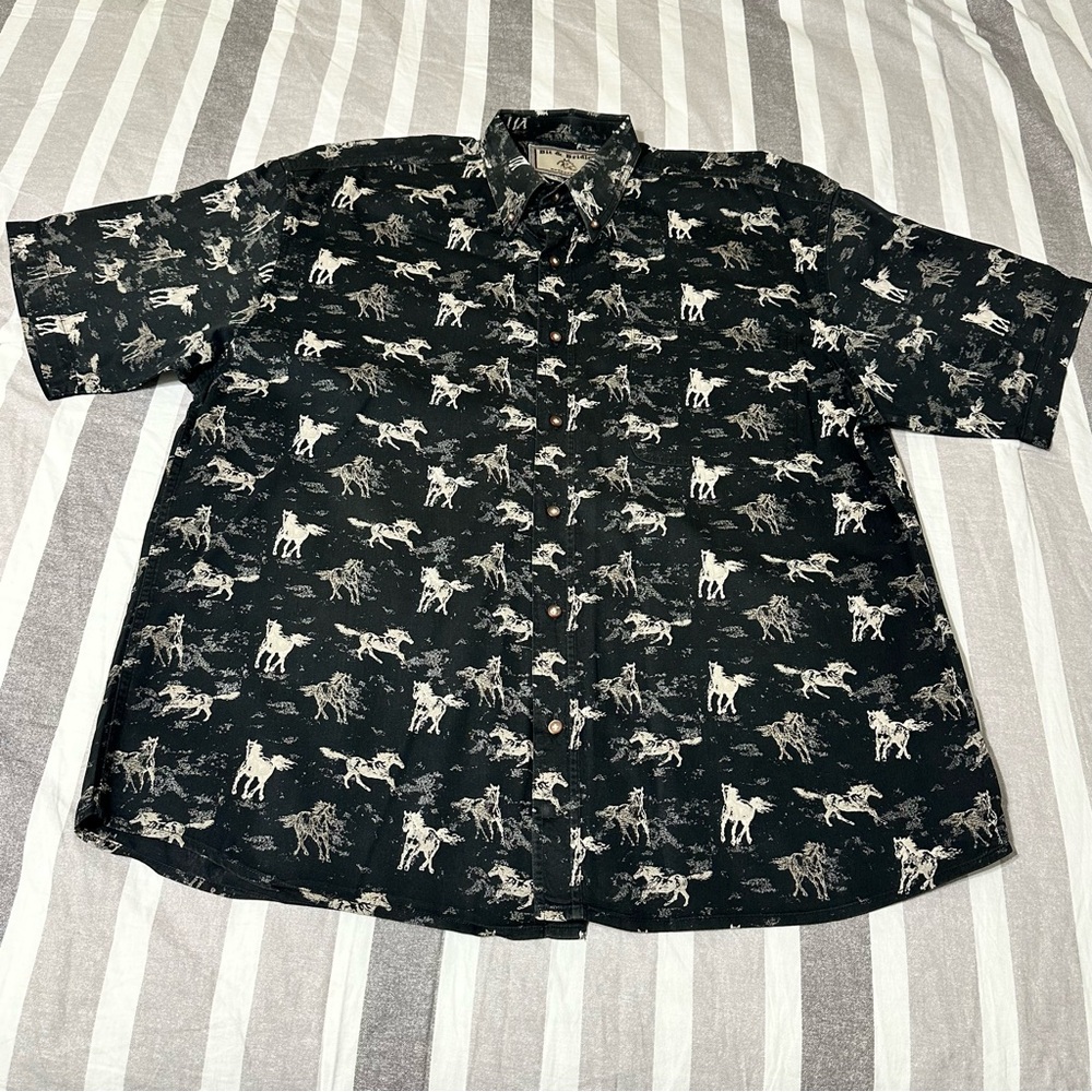 Bit & Bridle Size L Black Equestrian Horse Short Sleeve Western Button Shirt
